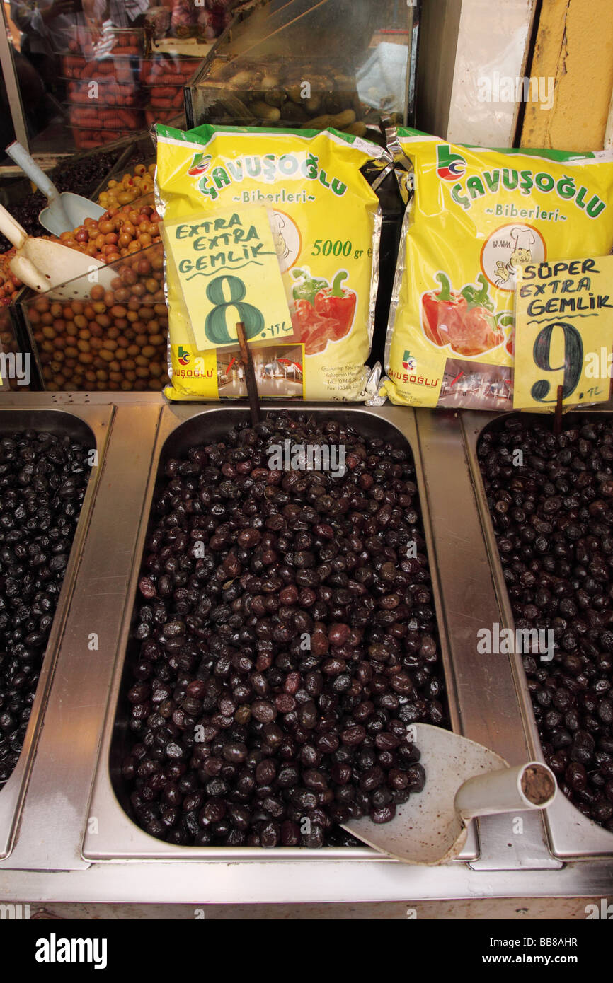 Istanbul Turkey fresh ripe black olives for sale at street market in Eminonu beside the Spice Bazaar area Stock Photo