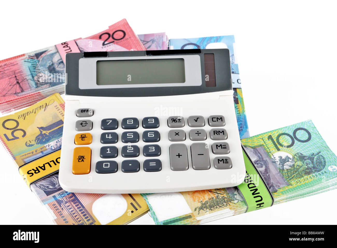 høg handicap Allerede Using a calculator to total up packs of Australian currency Stock Photo -  Alamy