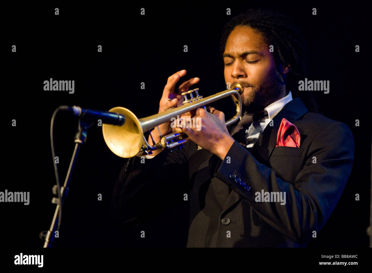 Marcus Cohen, trumpeter of the US band Rupa & The April Fishes, performing live at Schueuer concert hall, Lucerne, Switzerland, Stock Photo