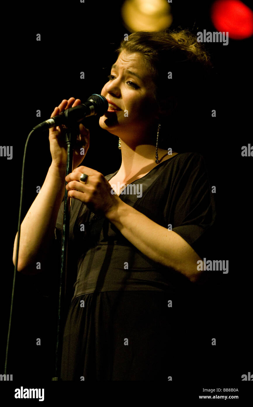 Myria Poffet, singer of the Swiss pop-jazz-blues band Chantemoiselle, performing live at Schueuer concert hall, Lucerne, Switze Stock Photo