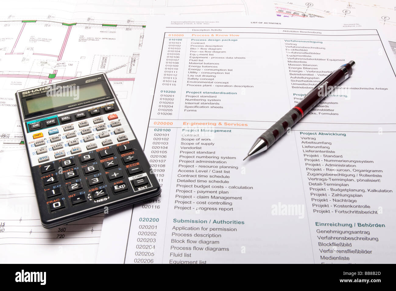 Project planning, construction plan with pocket calculator, mechanical pencil and check list Stock Photo