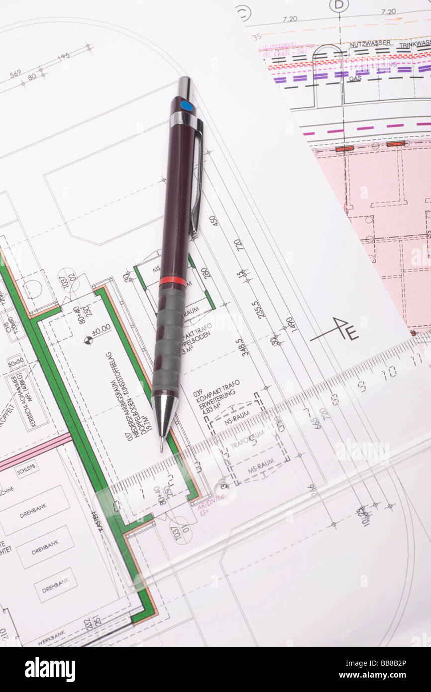 Project planning, construction plan with a mechanical pencil and a