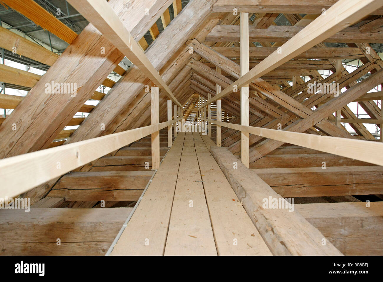Intermediate status of the work on the roof structure, St. Leonhard church, Dietramszell, Bavaria, Germany Stock Photo