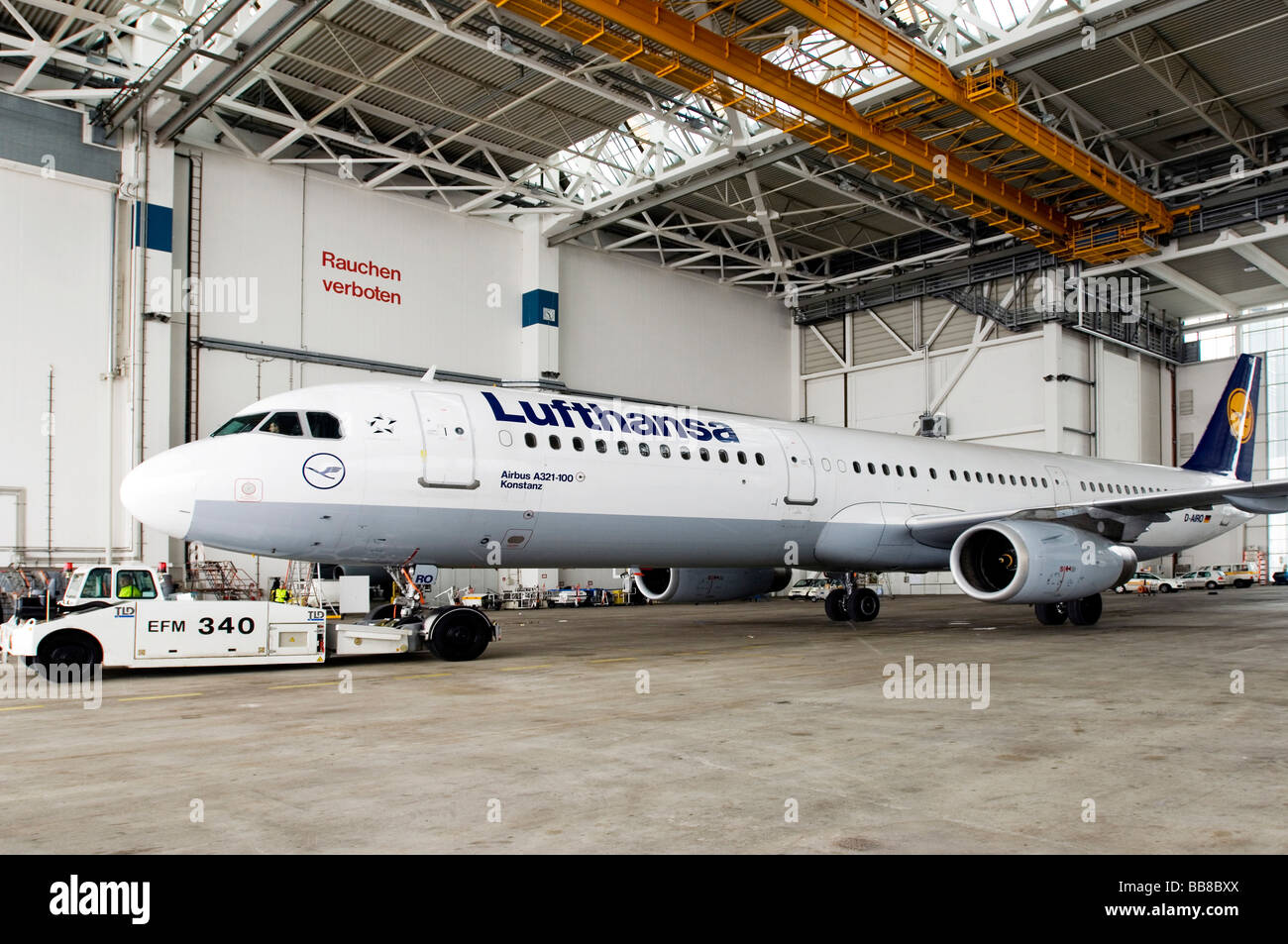 Airplane at the maintenance hangar at Franz-Josef-Strauss Airport, Munich, Bavaria, Germany, Europe Stock Photo