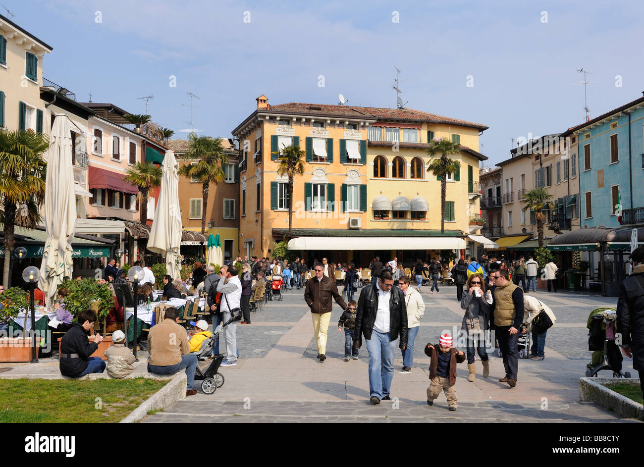 Piazza Carducci square, historic town centre of Sirmione, Lake Garda, Italy, Europe Stock Photo