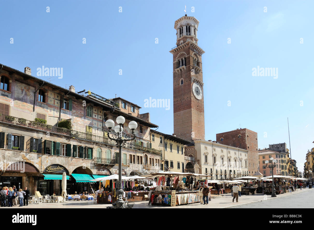 Piazza Erbe square with the tower of Torre del Lamberti, Lake Garda, Italy, Europe Stock Photo