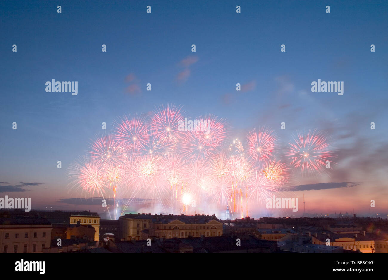 Fireworks, white nights in Saint Petersburg, sunset and rise above the city, Saint Petersburg, Russia Stock Photo