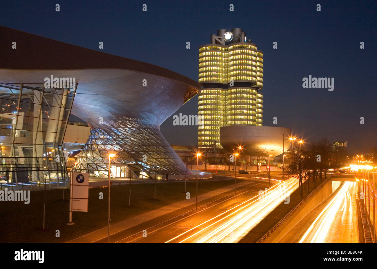 Modern car dealership illuminated at night, Munich, Upper Bavaria, Bavaria, Germany, Europe Stock Photo