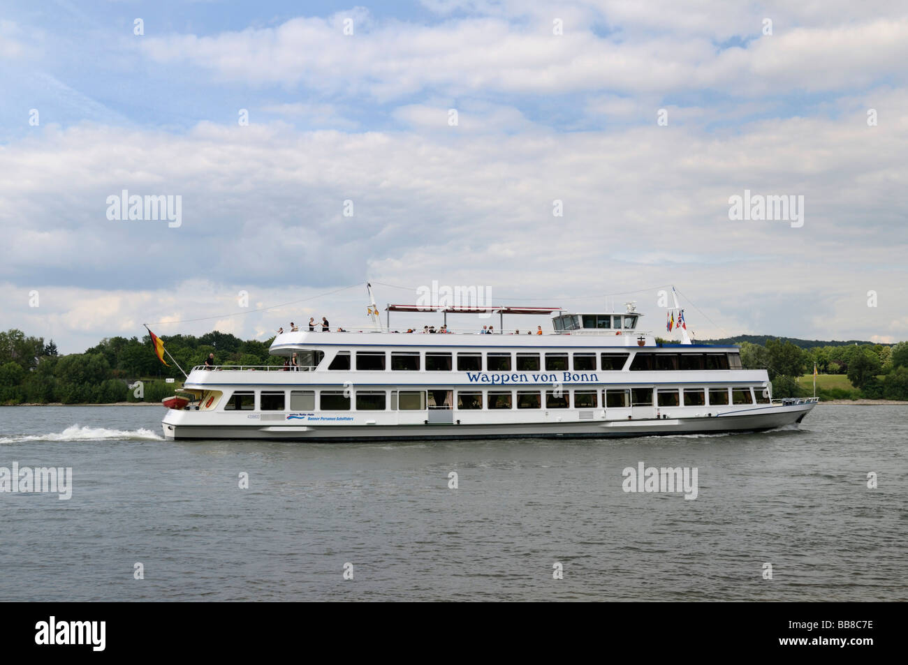 Motor boat, Wappen von Bonn, on the Rhine River, gallery salon ship of the Weisse Flotte, white fleet, Bonn, Bonner Personensch Stock Photo