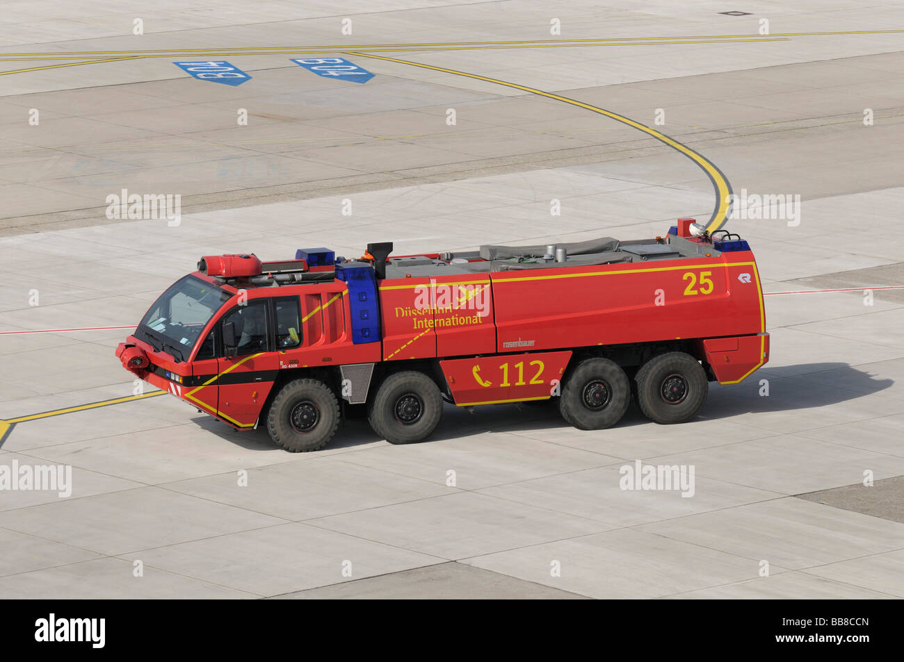 Airport fire engine from the company Rosenbauer on the runway, fire-brigade, Duesseldorf International Airport, North Rhine-Wes Stock Photo