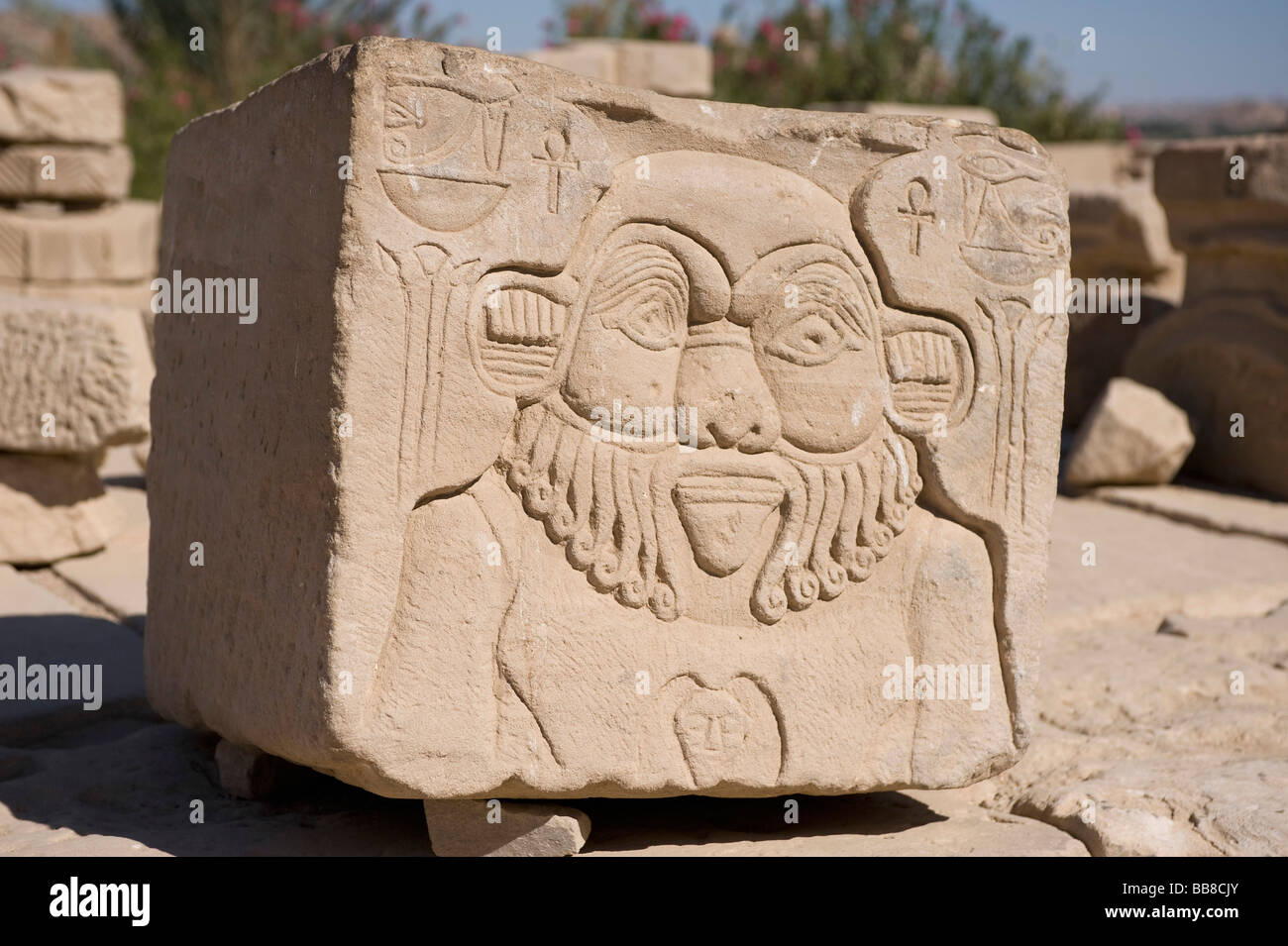 Protective God Bes, relief on a block of stone, Temple of Philae, Assuan, Egypt, Africa Stock Photo