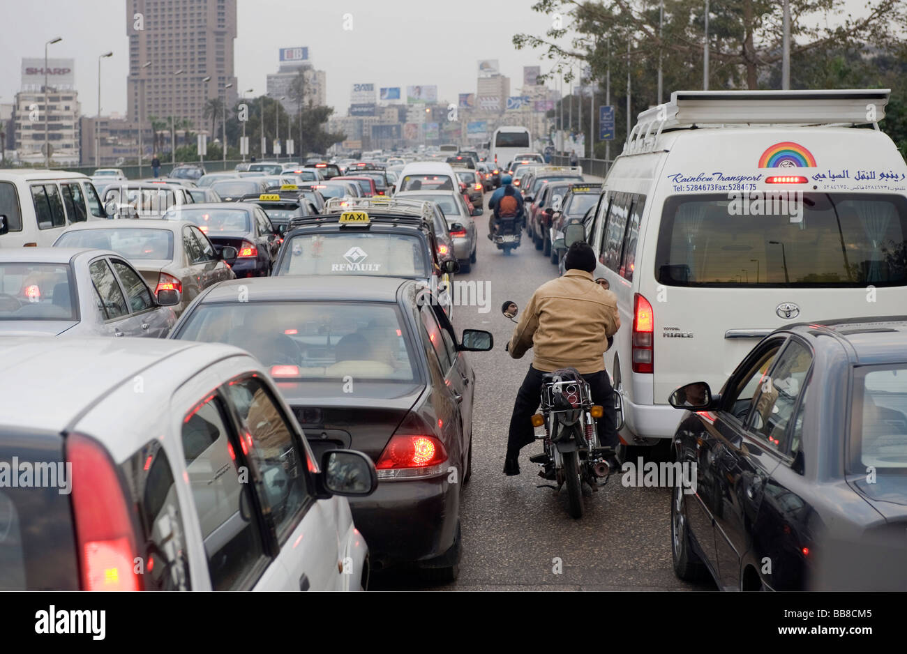 Traffic jam on multi-laned road, Cairo, Egypt, Africa Stock Photo