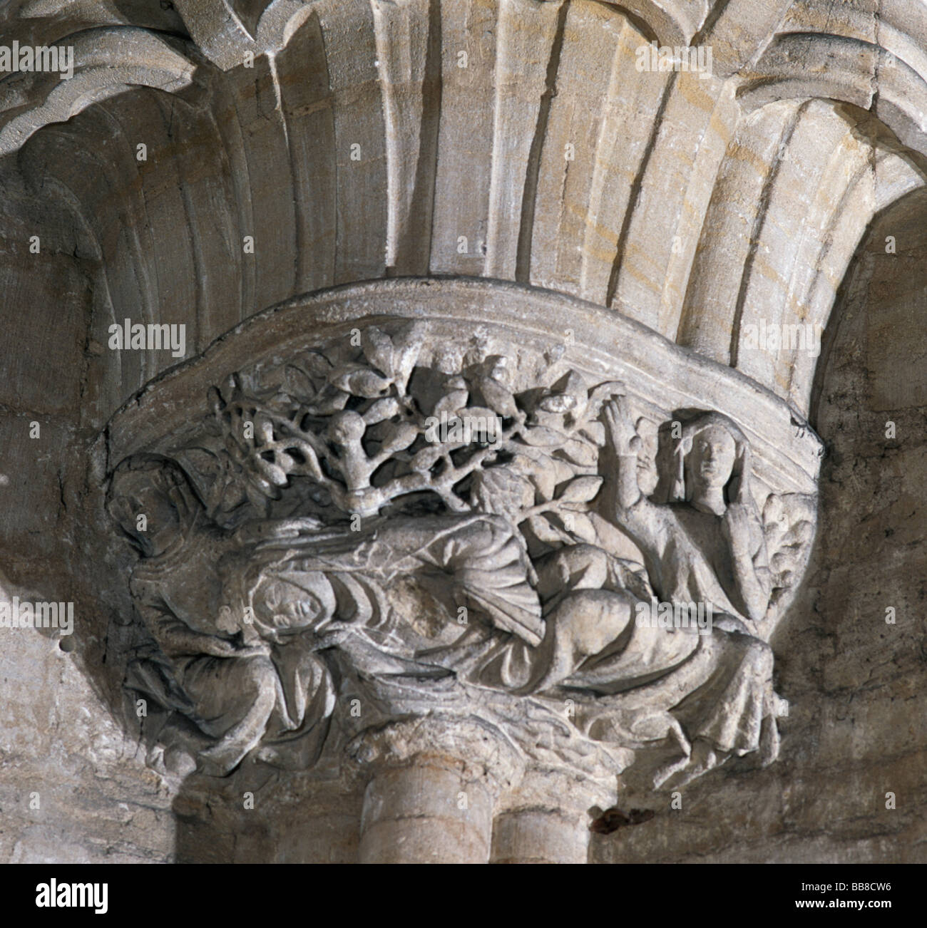 Ely Cathedral carving on Octagon capital  depicting St Etheldreda Resting Stock Photo