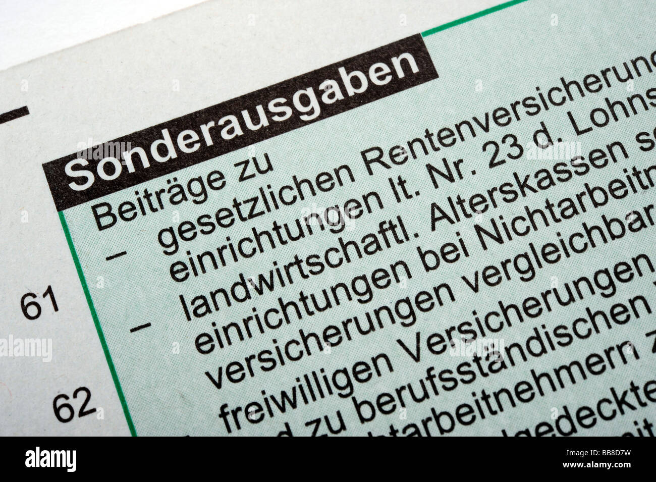 German income tax form, Sonderausgaben, extra costs Stock Photo