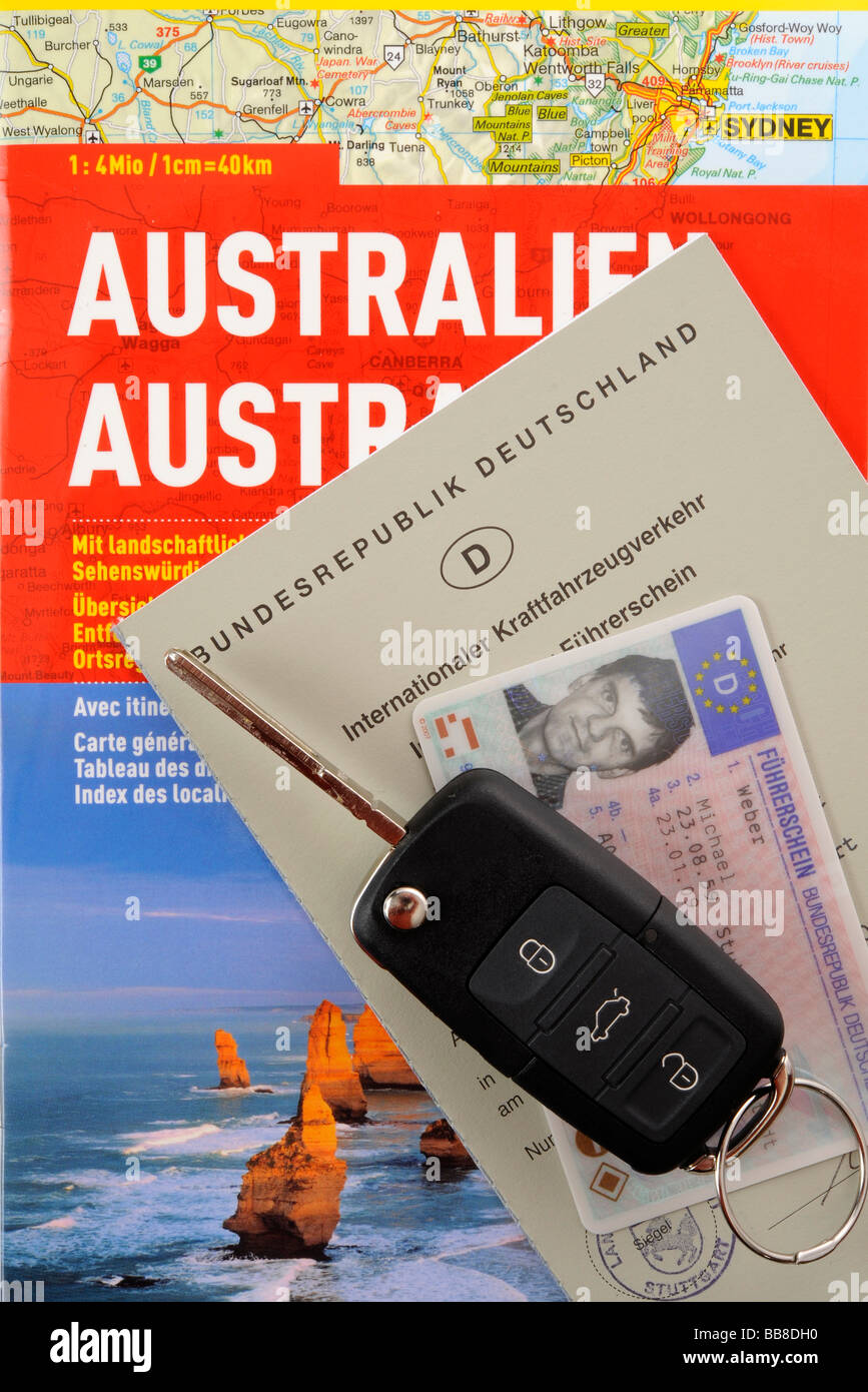 Roadmap Australia, car key, international and national driving license Federal Republic of Germany Stock Photo