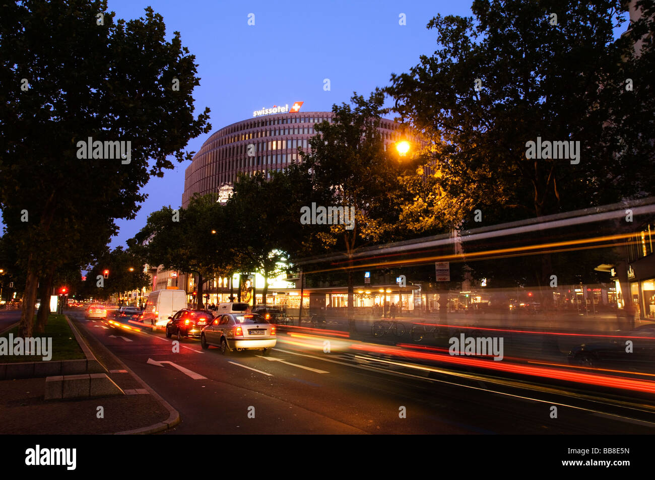 View towards the Swissotel hotel on Kurfuerstendamm avenue in the evening, Berlin, Germany, Europe Stock Photo