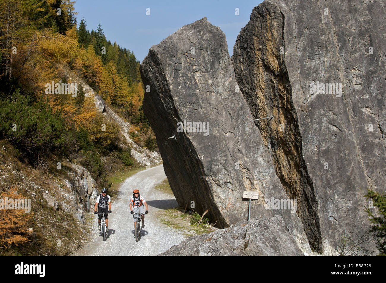 Mountainbikers at the Pinnisalm pasture in the Pinnistal valley, Tyrol, Austria Stock Photo