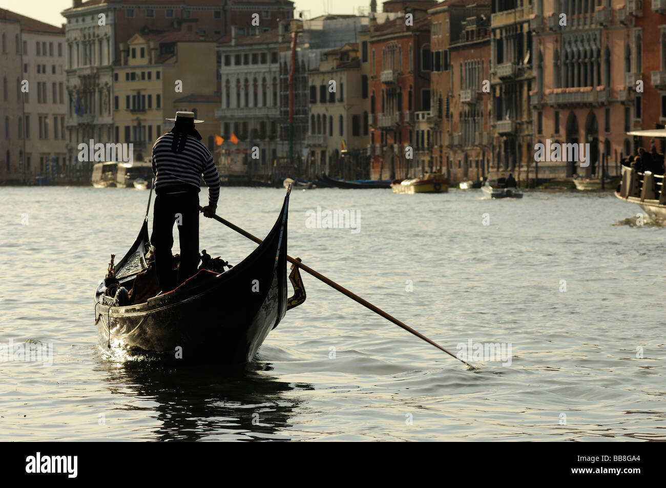 Evening mood, Gondolier on Canal Grande, Venice, Italy, Europe Stock Photo