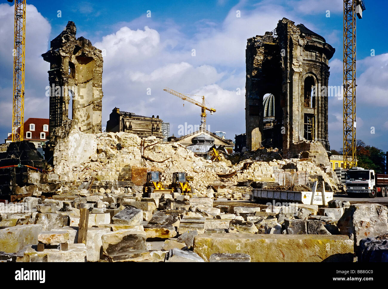 Ruin of Dresden Frauenkirche, condition in 1996, disposal site with construction vehicles, Dresden, Saxony, Germany, Europe Stock Photo