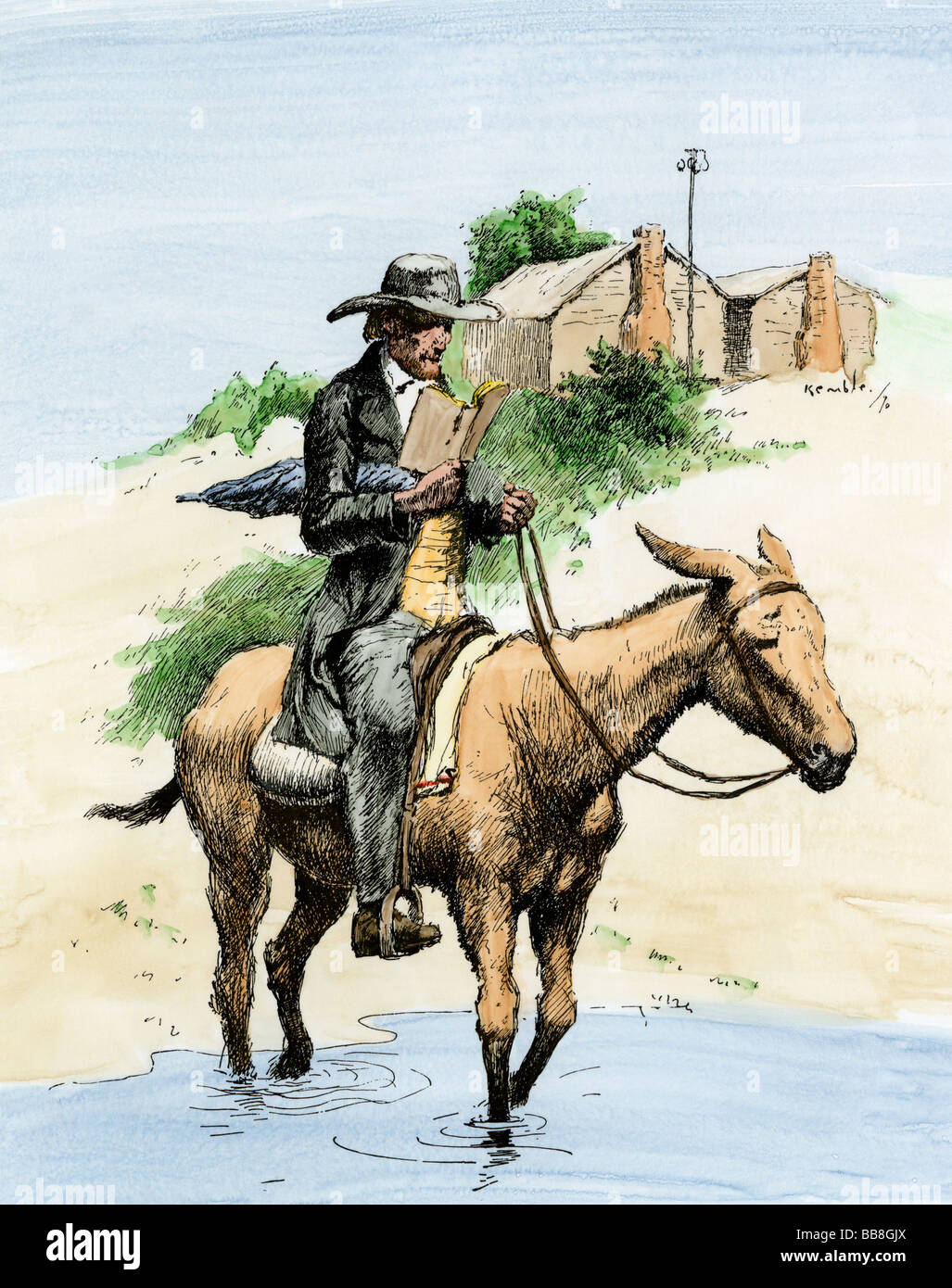 Itinerant preacher riding a mule from settlement to settlement. Hand-colored woodcut Stock Photo
