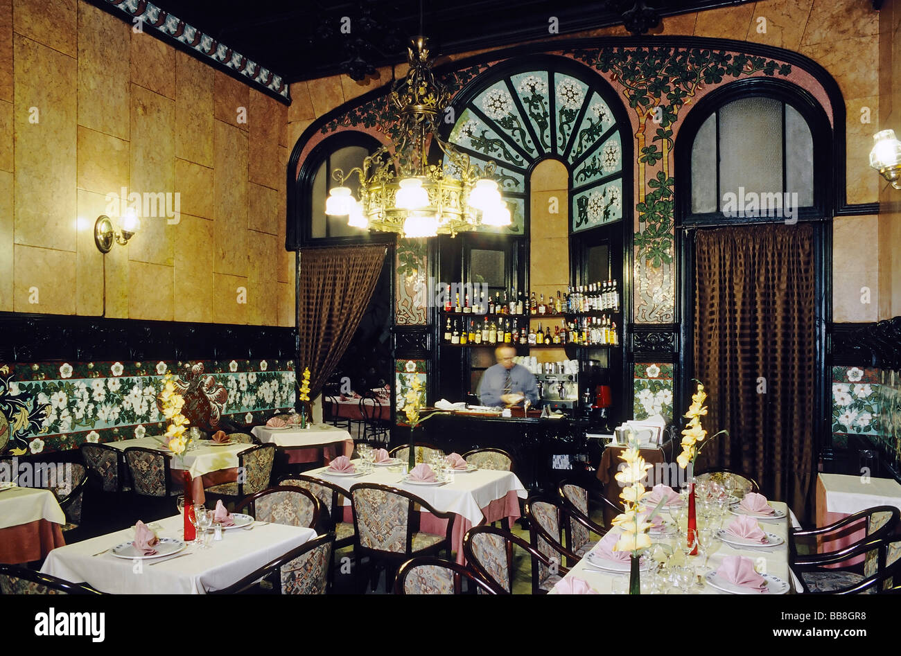 Antiquated dining-hall with bar in Catalan Art Nouveau, Hotel España, Barcelona, Spain, Europe Stock Photo