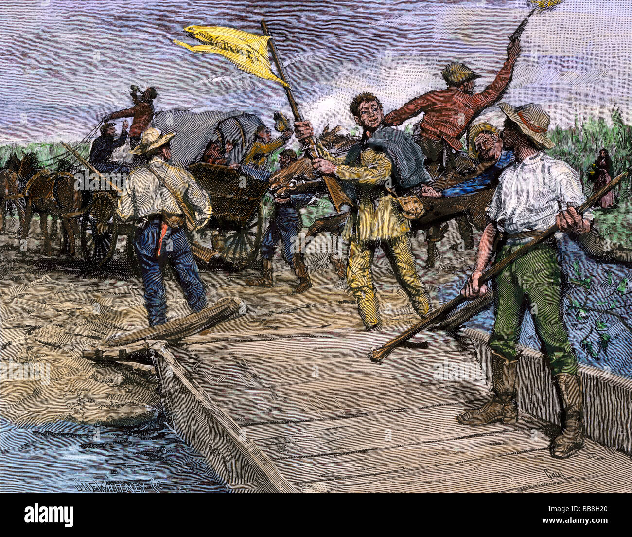 Pro-slavery forces ferrying Missouri voters to the Kansas shore to vote against free soil 1850s. Hand-colored woodcut Stock Photo