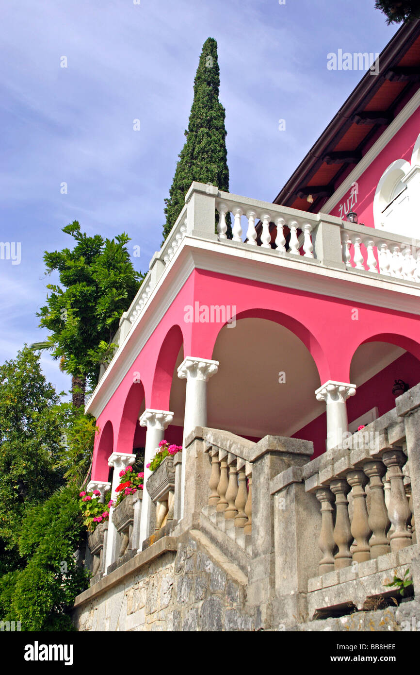 Pink villa on the Adriatic Sea, Opatija, Istria, Croatia Stock Photo