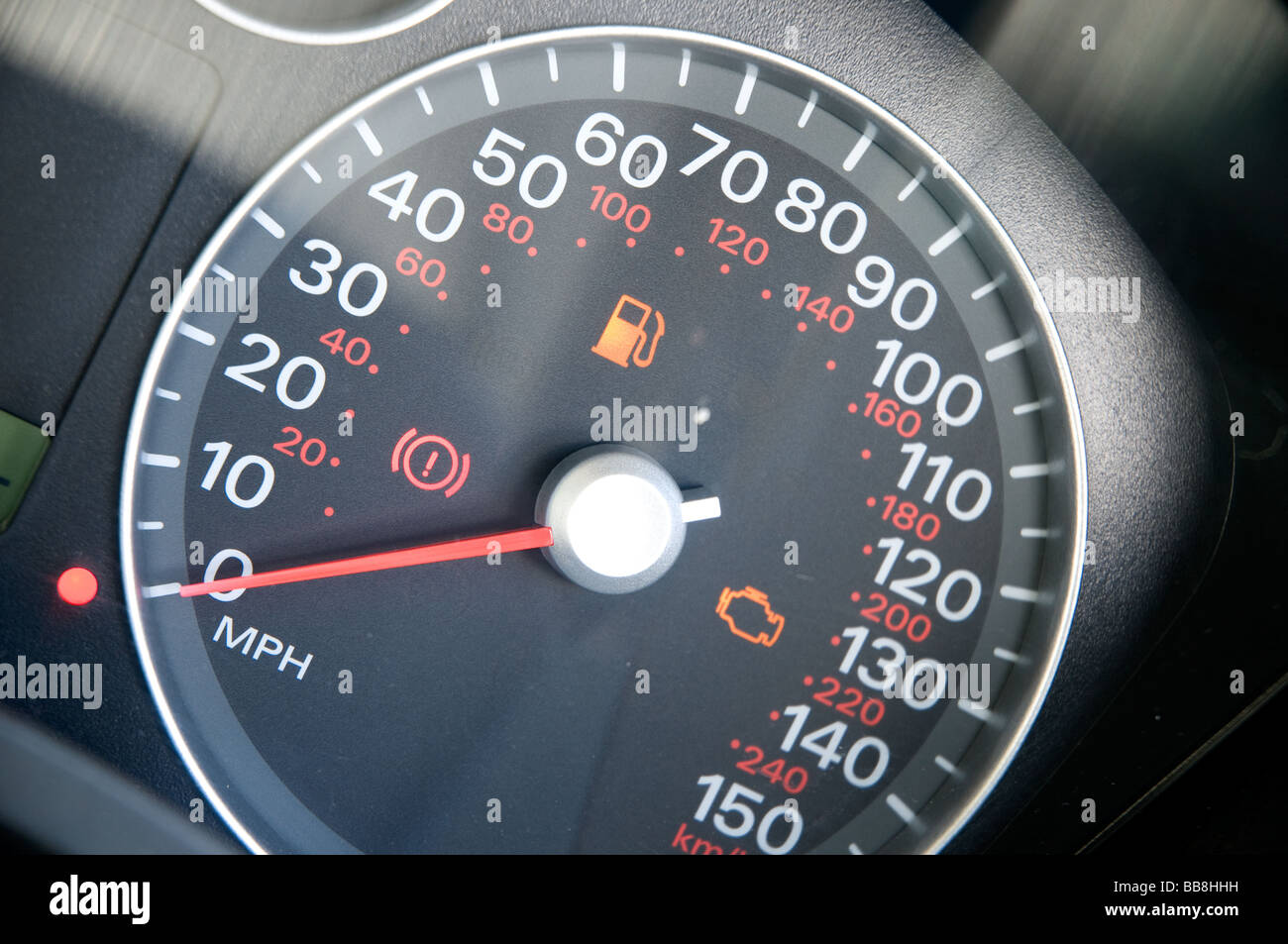 Speedo of a ford focus showing no fuel. eunning on emply Stock Photo