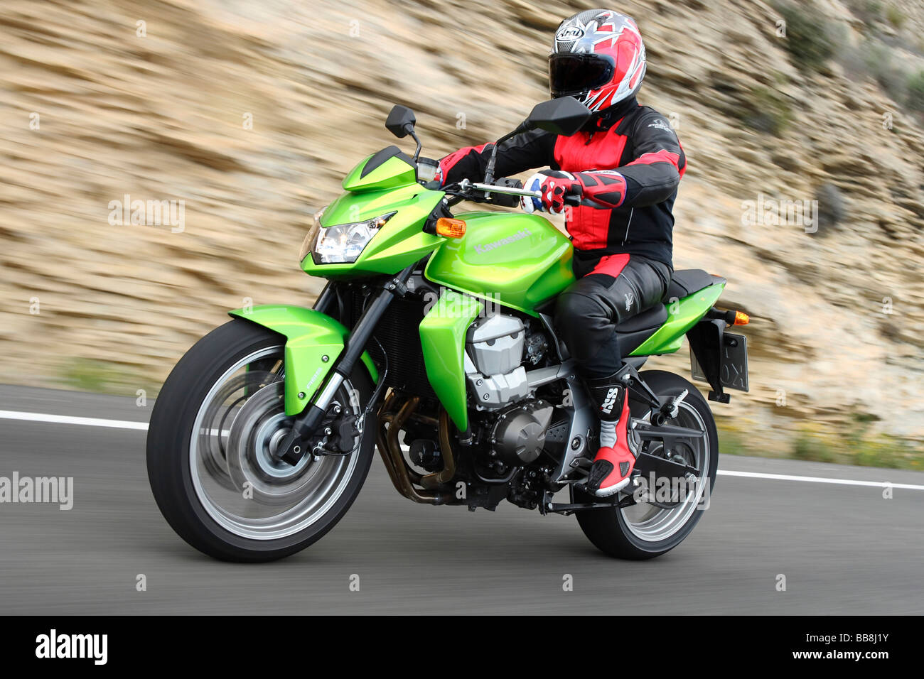 Kawasaki Z750 motorcycle, riding shot Stock Photo