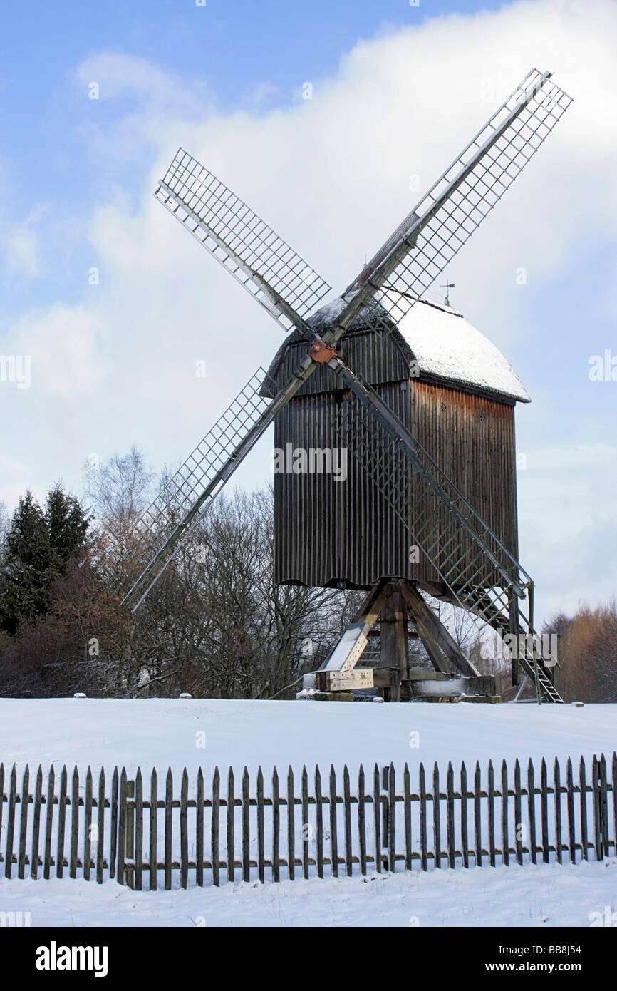 Historic post windmill, winter in Hessenpark, Neu-Anspach, Taunus, Hesse, Germany, Europe Stock Photo