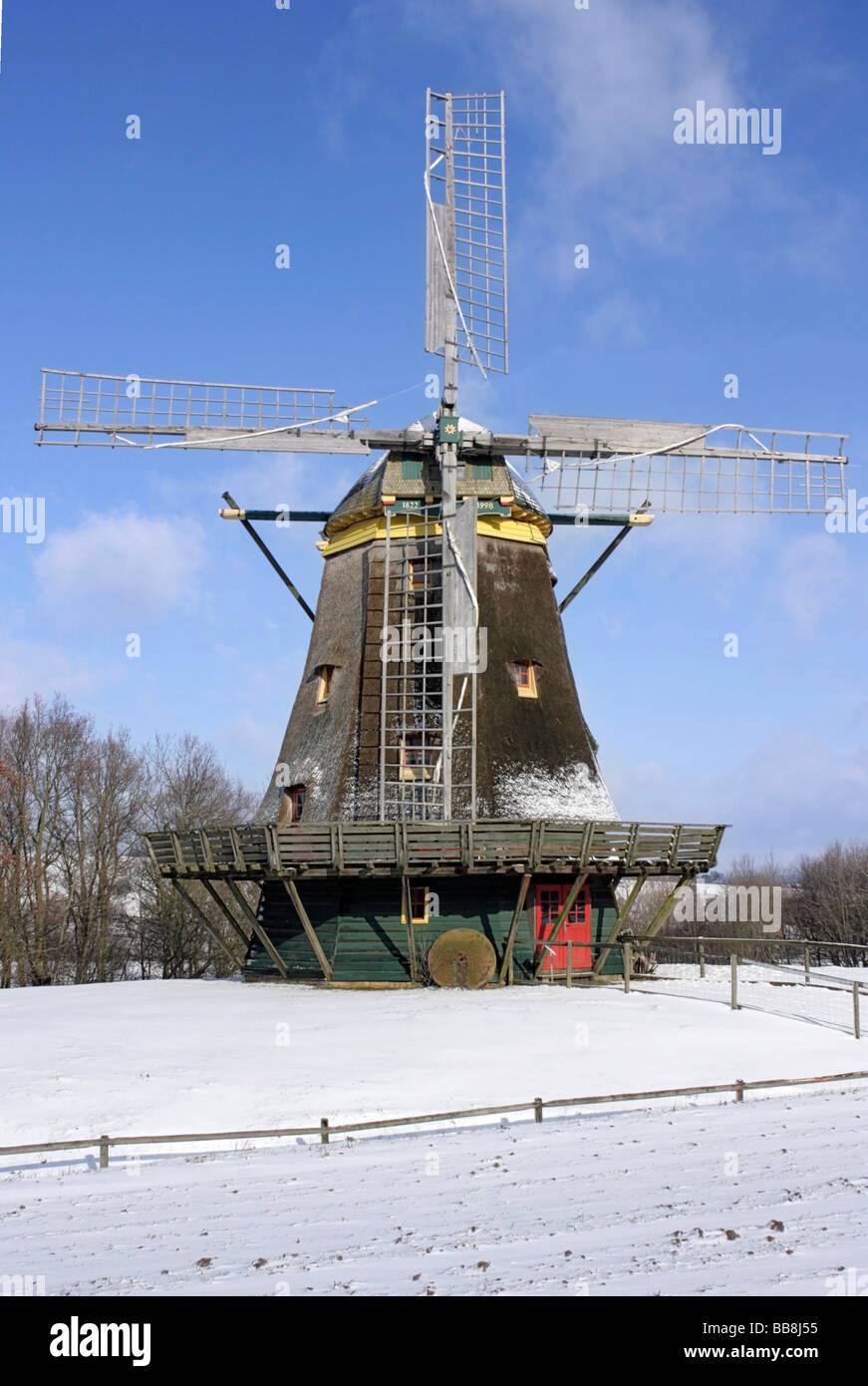 Historic windmill, smock mill, winter in Hessenpark, Neu-Anspach, Taunus, Hesse, Germany, Europe Stock Photo
