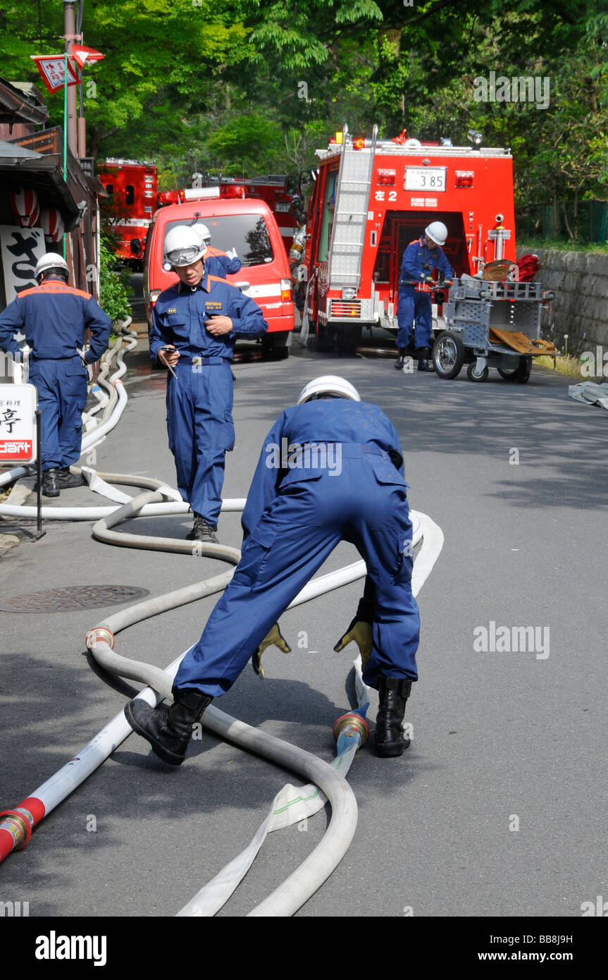 Japanese firefighters on duty in Maruyama Park in Kyoto, Japan, Asia Stock Photo