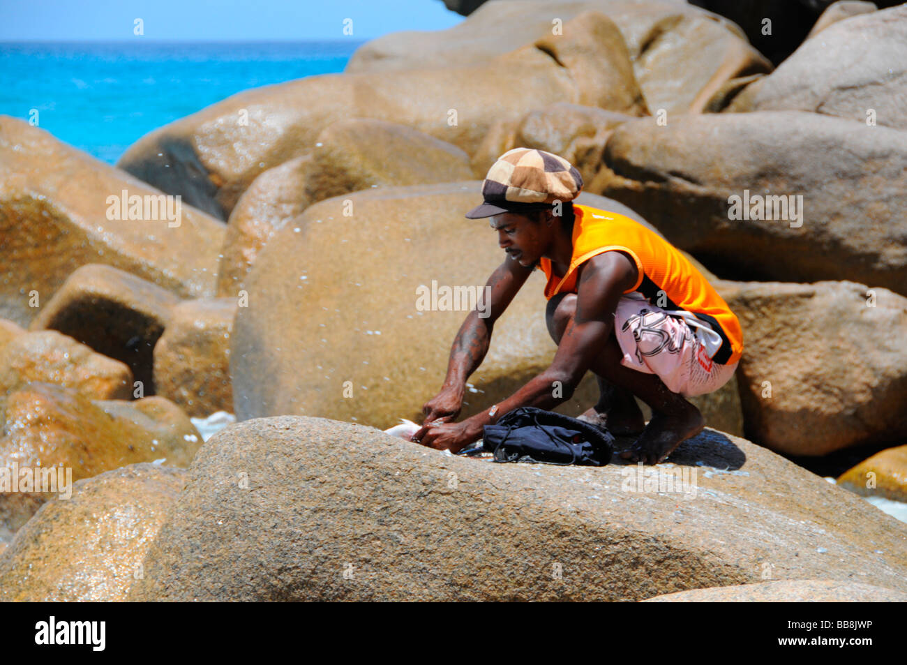 Fisherman gutting fish between granite rocks, Anse Georgette, Praslin, Seychelles Stock Photo
