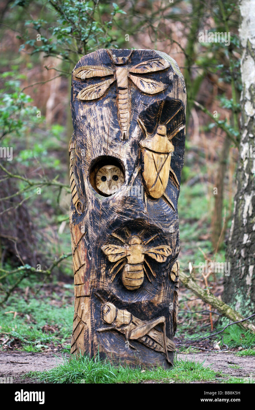 A wooden carved totem in public woodland. Stock Photo