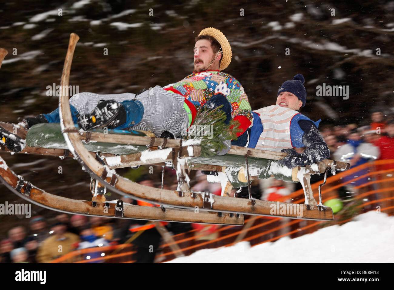 Gaissach schnabler and sled race, carnival custom, Gaissach, Isarwinkel, Upper Bavaria, Bavaria, Germany, Europe Stock Photo