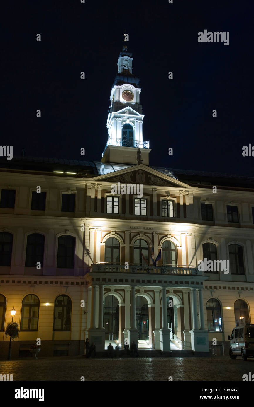 Riga City Council, Rigas Dome at night, Town Hall Square, Ratslaukums, Old Town, Vecriga, Riga, Latvia, Baltic region Stock Photo