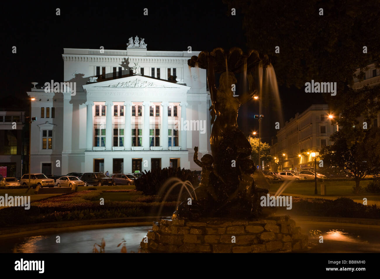 Latvian National Opera, Latvijas Nacionala Opera, and park at night, Riga, Latvia, Baltic region Stock Photo