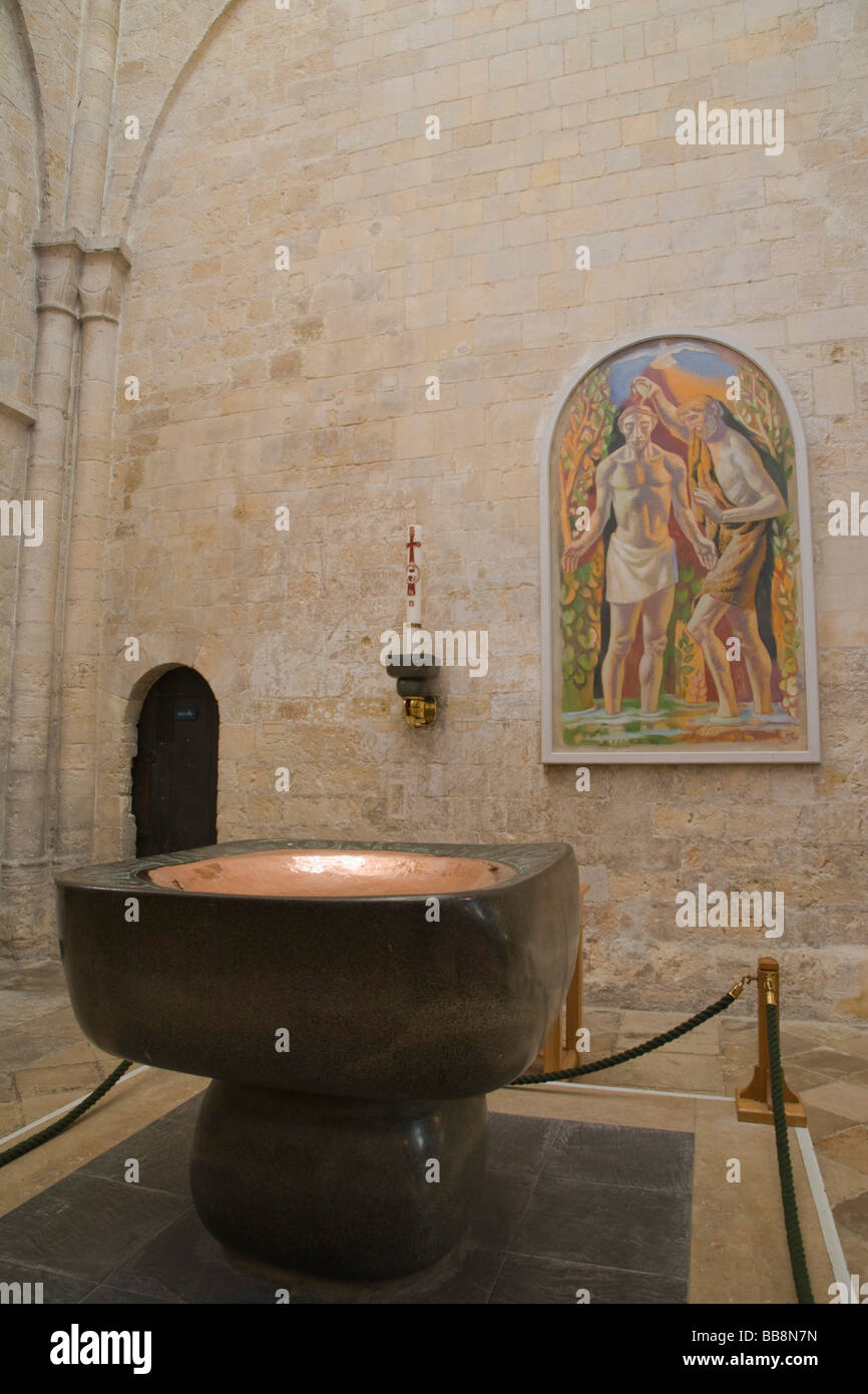 Chichester Cathedral interior, baptistry interior font and Baptism of Christ painting, Sussex