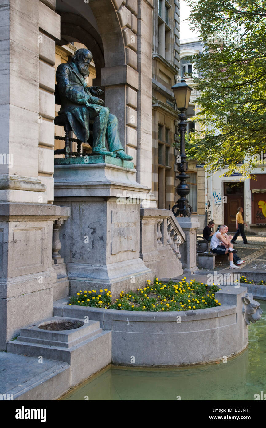 Hendrick Conscience monument, Stadsbibliotheek, Library of the City of Antwerp, Hendrik Conscienceplein, Belgium Stock Photo
