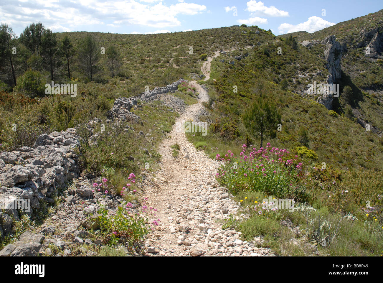 hiking trail to Foarad Rock Arck, Sierra de la Forada, Alicante Province, Comunidad Valenciana, Spain Stock Photo