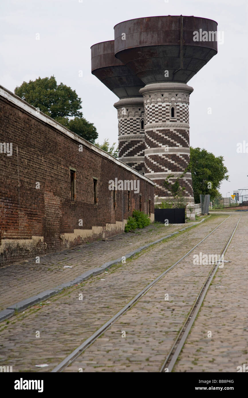 Two water towers used for the steam trains, Omheining statie van borgerhout, Antwerp, Belgium Stock Photo