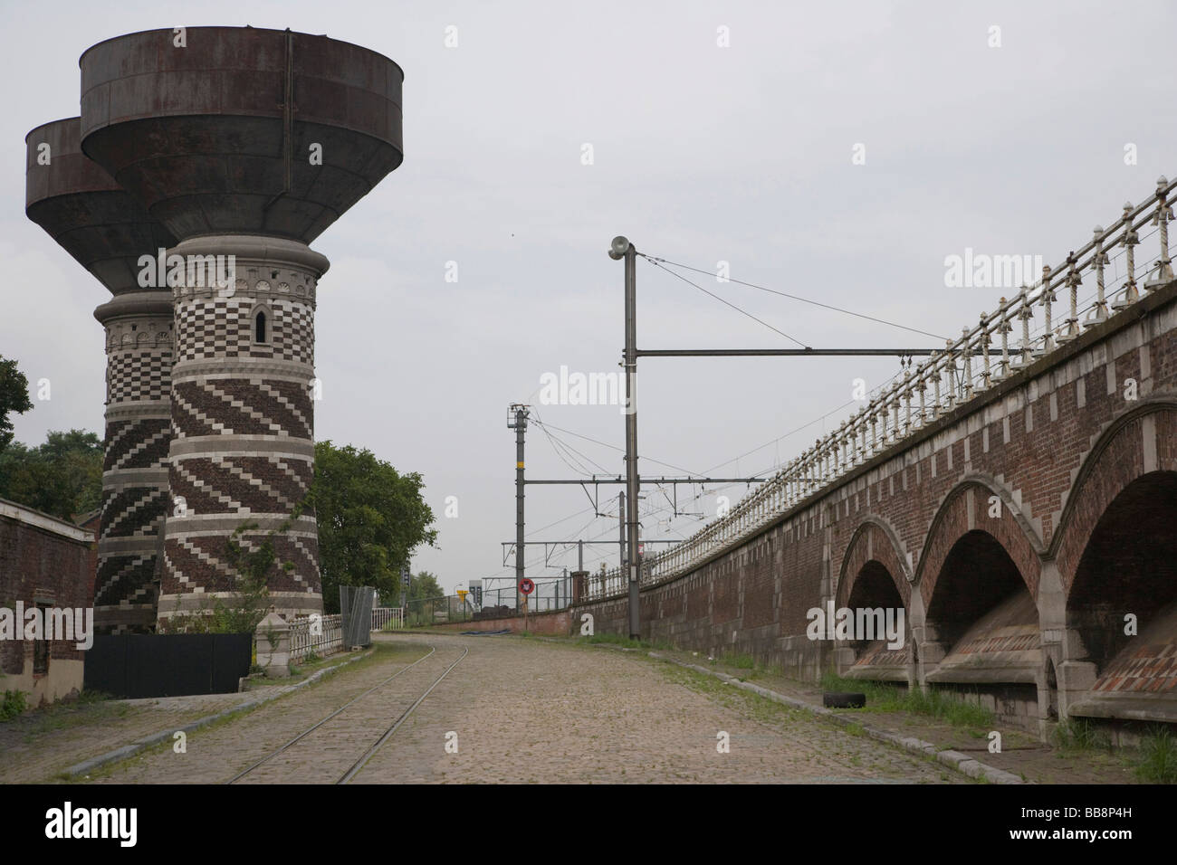 Two water towers used for the steam trains, Omheining statie van borgerhout, Antwerp, Belgium Stock Photo