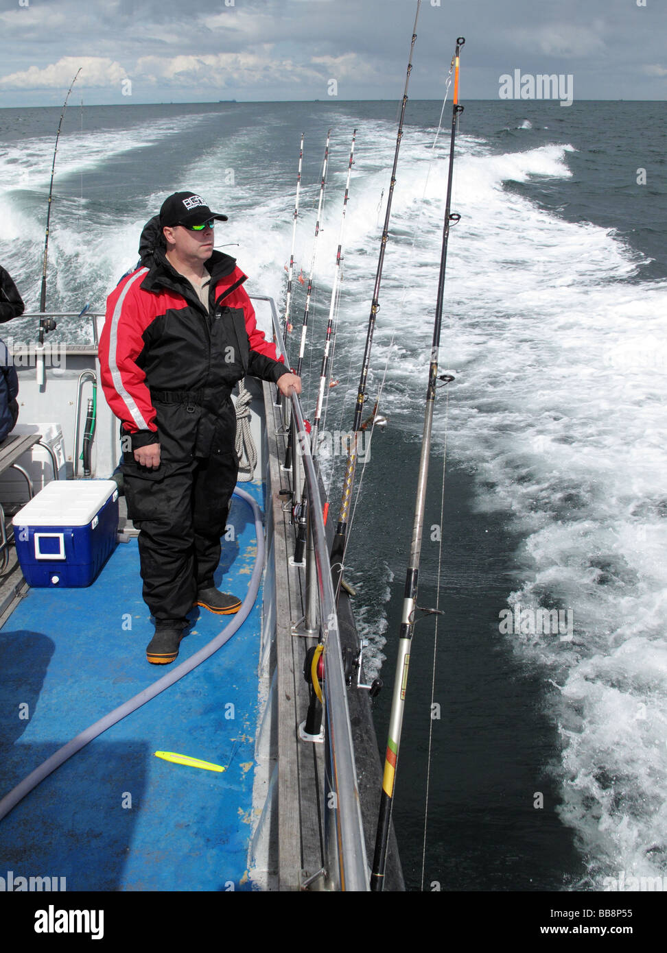 Men aboard at deep sea fishing trip Kattegat Sea Scandinavia Stock