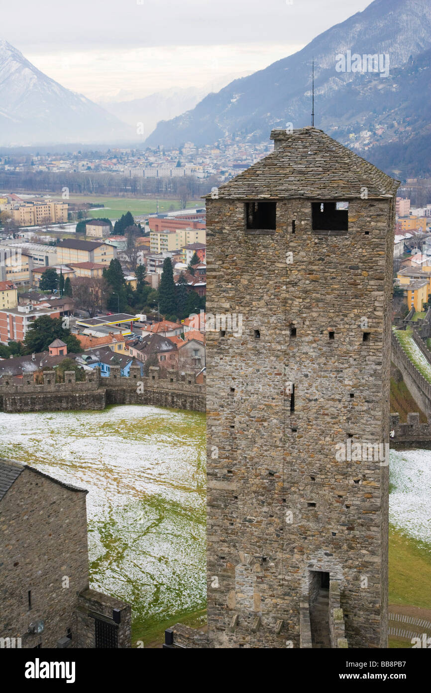 The Torre Bianca, White tower, of the Castelgrande, Bellinzona, Tessin, Switzerland, Europe Stock Photo