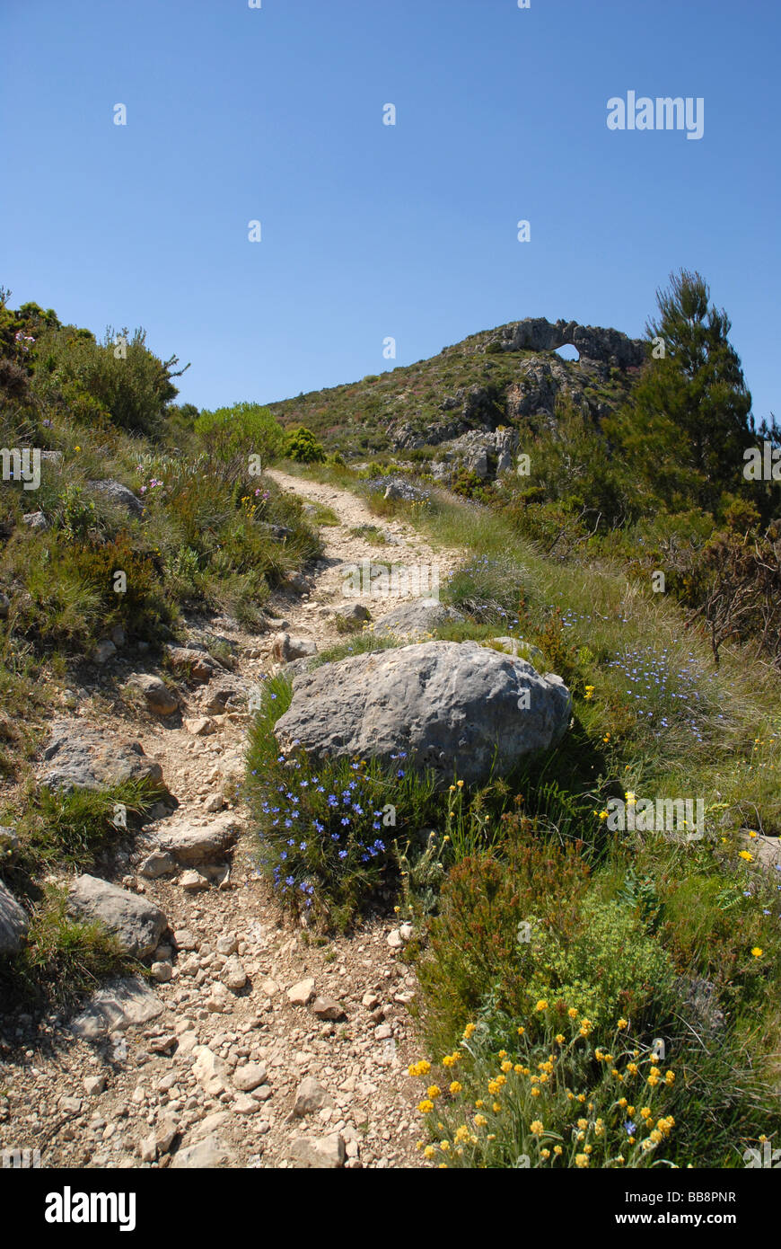 hiking trail to la Forada Rock Arch, Sierra de la Forada, Alicante Province, Comunidad Valenciana, Spain Stock Photo