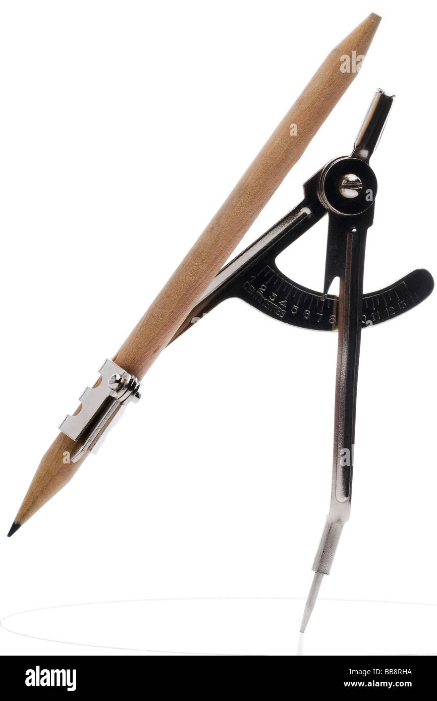 a pair of compasses with the pencil attached to it drawing circle on white Stock Photo