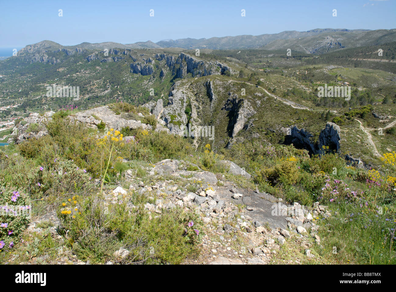 looking towards coast from Sierra de La Forada, Alicante Province, Comunidad Valenciana, Spain Stock Photo