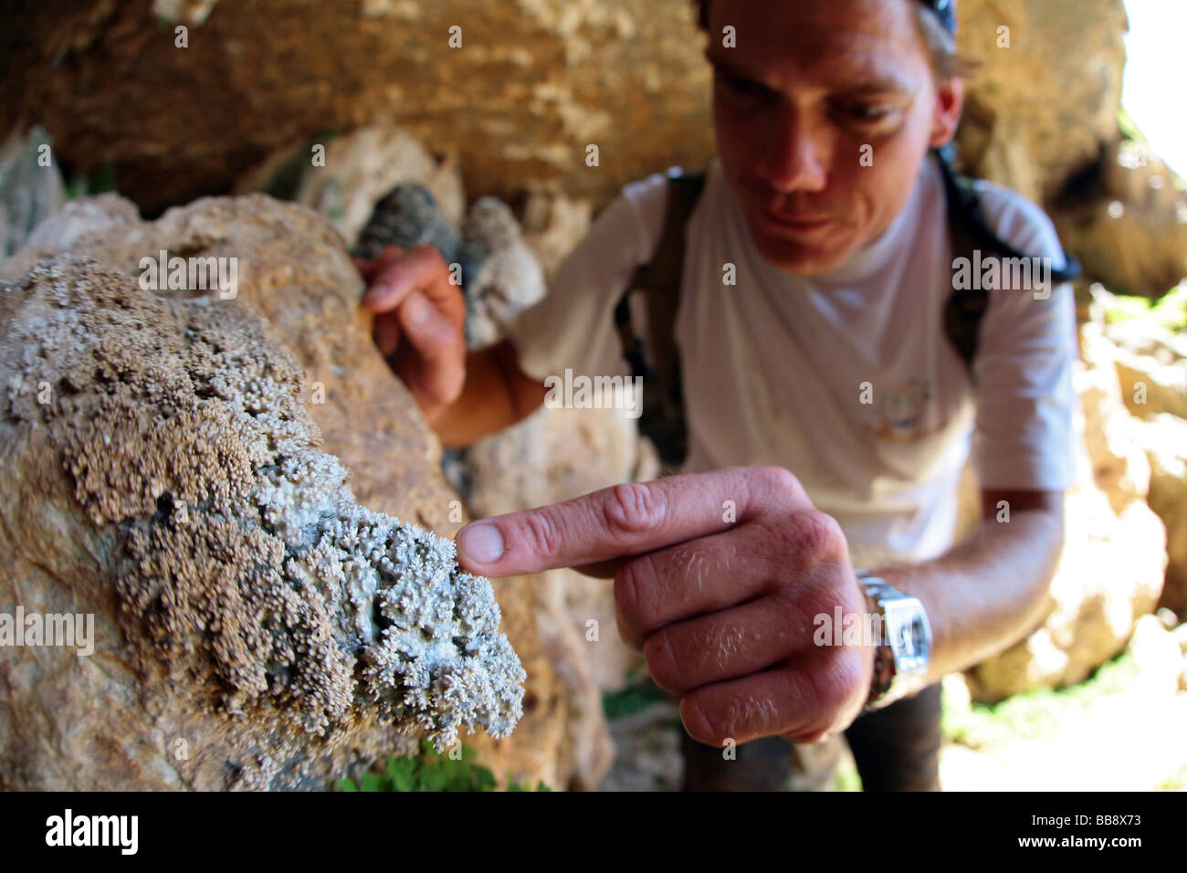 Guide teaching about the rocks near the deserted village of Sab Bani Khamis in Jebel Shams in Oman Stock Photo