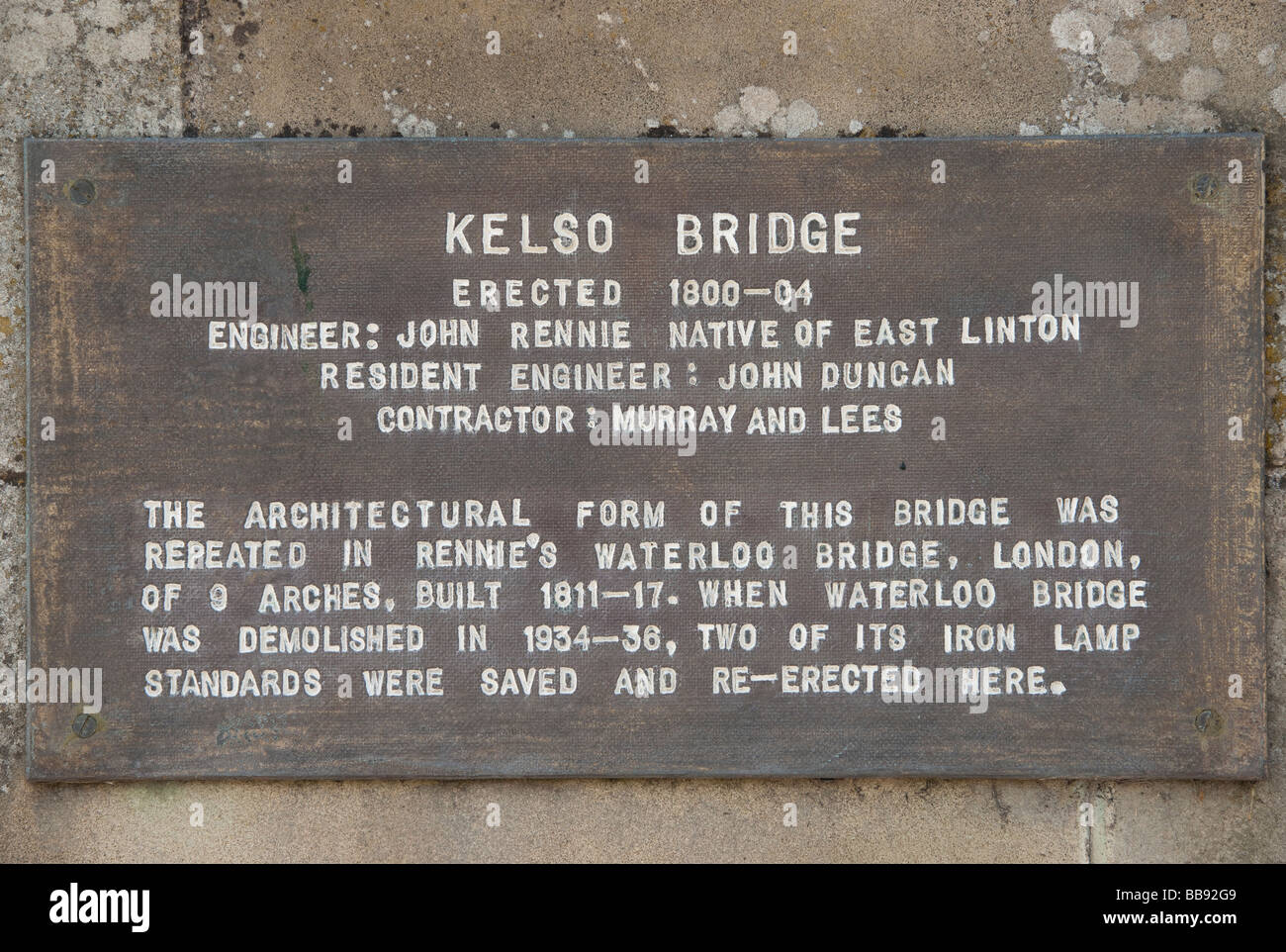Sign commemorating Rennie architect of Kelso Bridge in Scotland Stock Photo