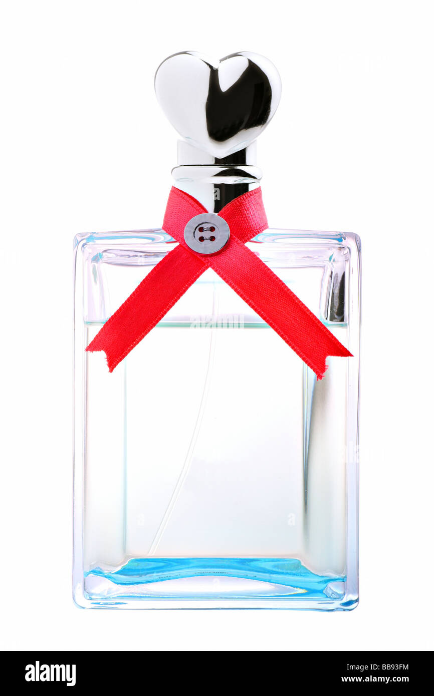 Blue perfume with red ribbon and heart shaped lid isolated Stock Photo